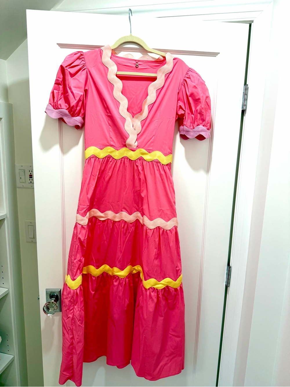 CeliaB Pink Tiered Maxi Dress with Yellow & Cream Trim